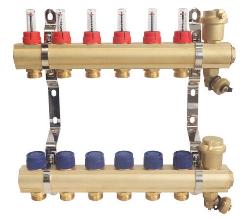 Collecteur laiton brut pre-monte plancher chauffant basse temperature - entrées F26/34 - 6 départs 3/4EK